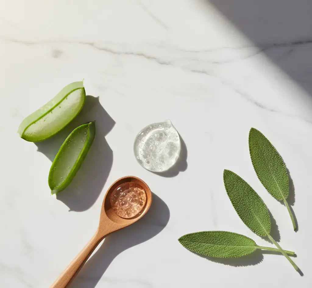 Wooden spoon with a small container of a clear substance, green leaves on a light background