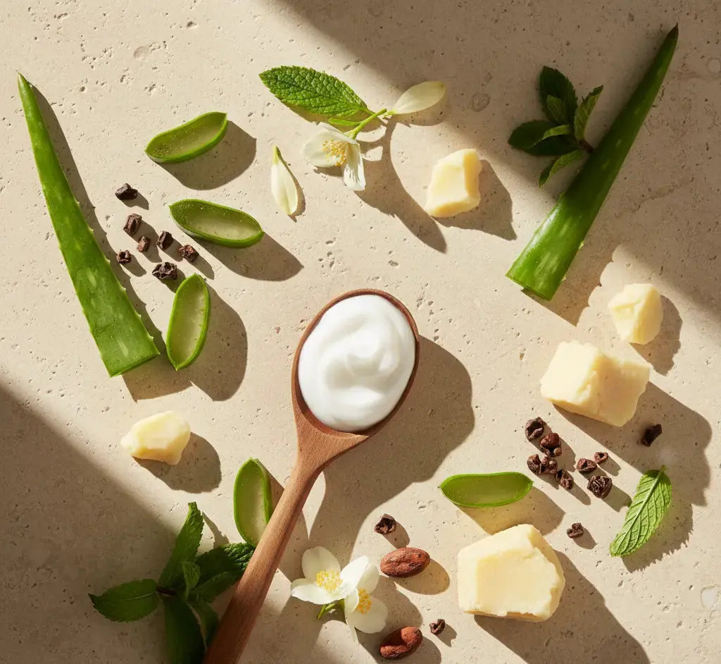 Wooden spoon with cream surrounded by aloe vera leaves, flowers, and other natural elements on a light background