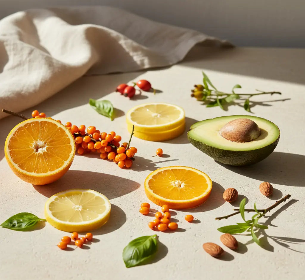 Fruits and vegetables including oranges, lemons, avocado, and berries on a light surface with a cloth.