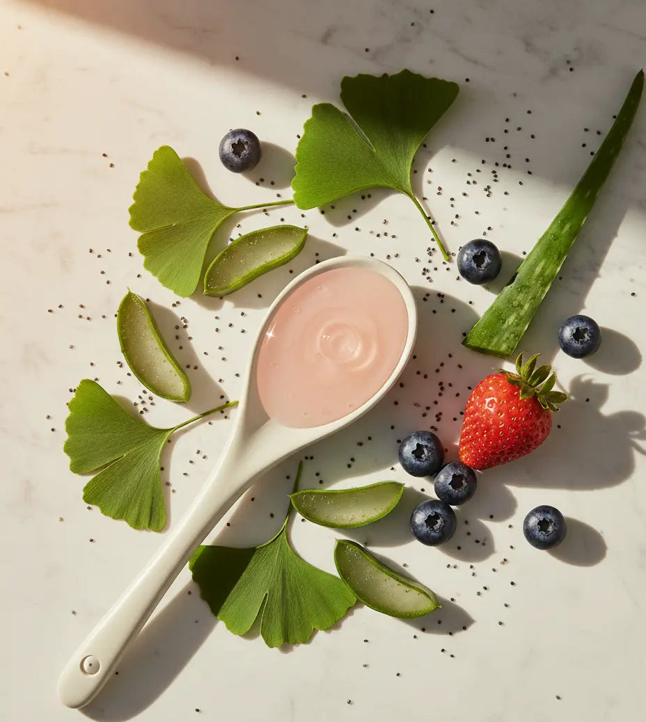 Spoon with pink substance surrounded by green leaves, berries, and a strawberry on a light background