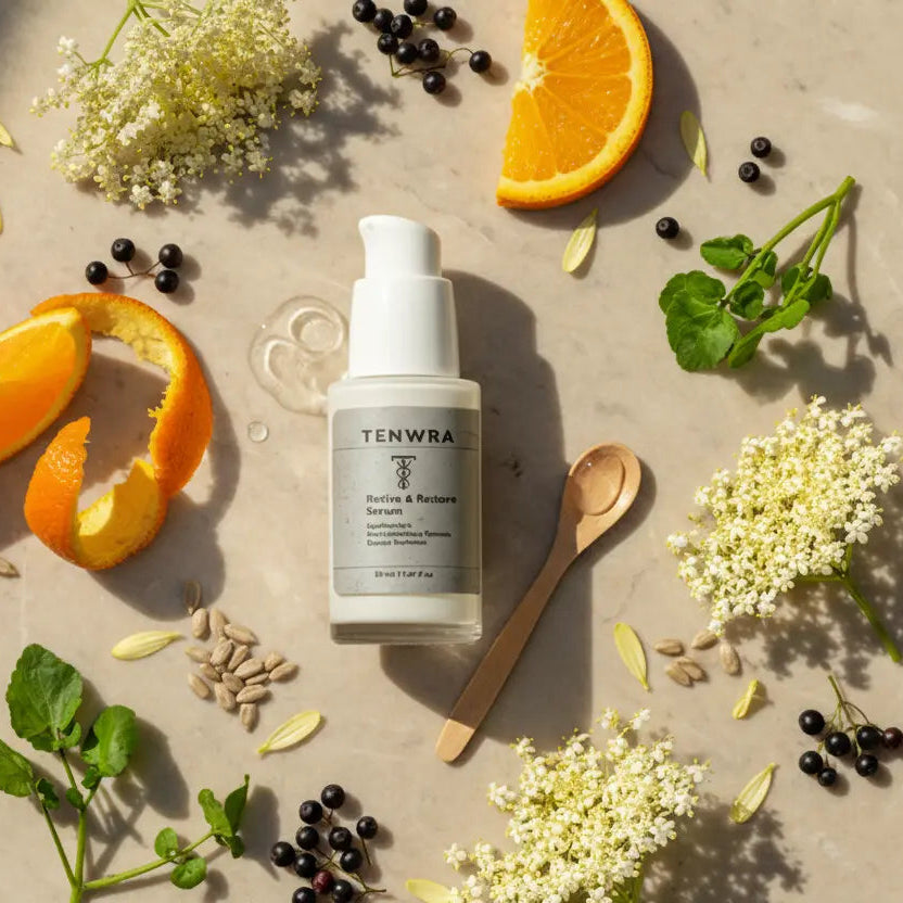 Tenwea skincare bottle with oranges, flowers, and herbs on a textured surface