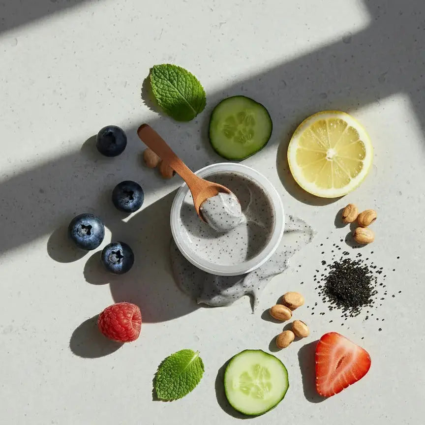 White bowl with a spoonful of powder surrounded by fruits, vegetables, and nuts on a light surface.