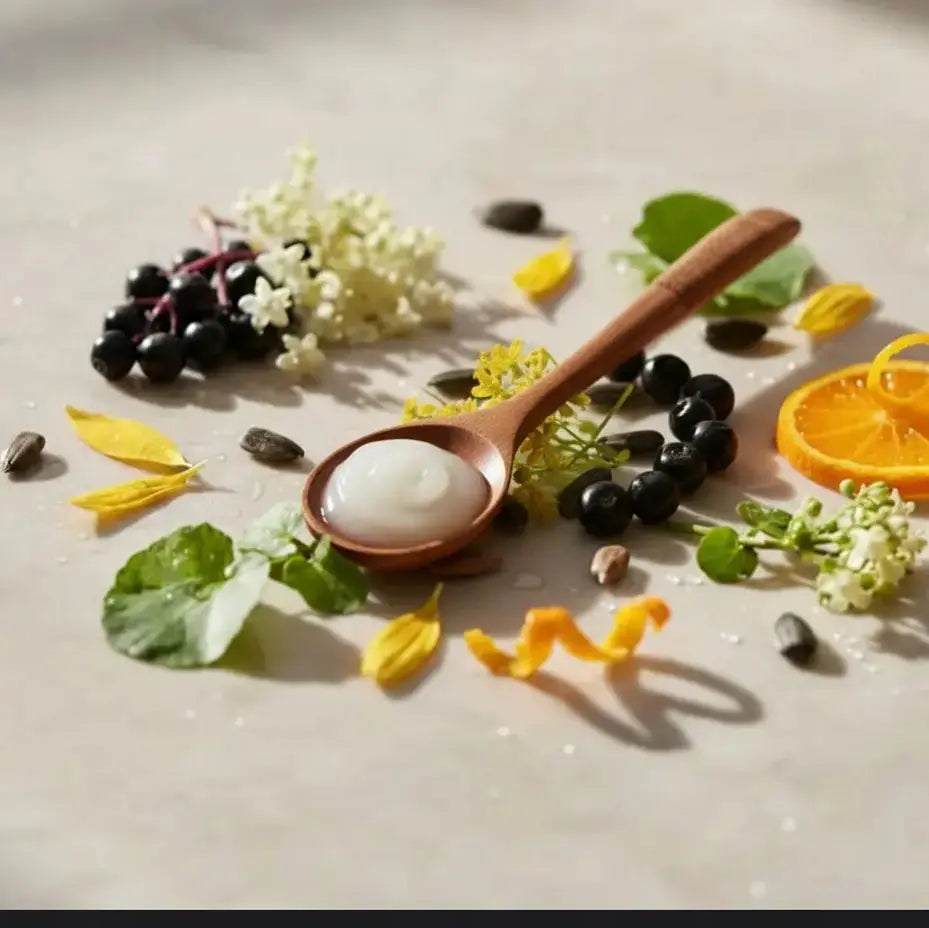 Wooden spoon with a white substance surrounded by decorative elements on a light surface