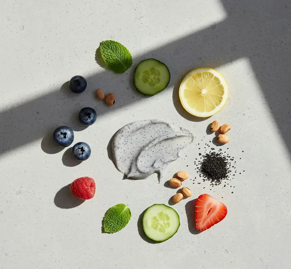 Natural ingredients including fruits, vegetables, and a smear of cream on a light surface.