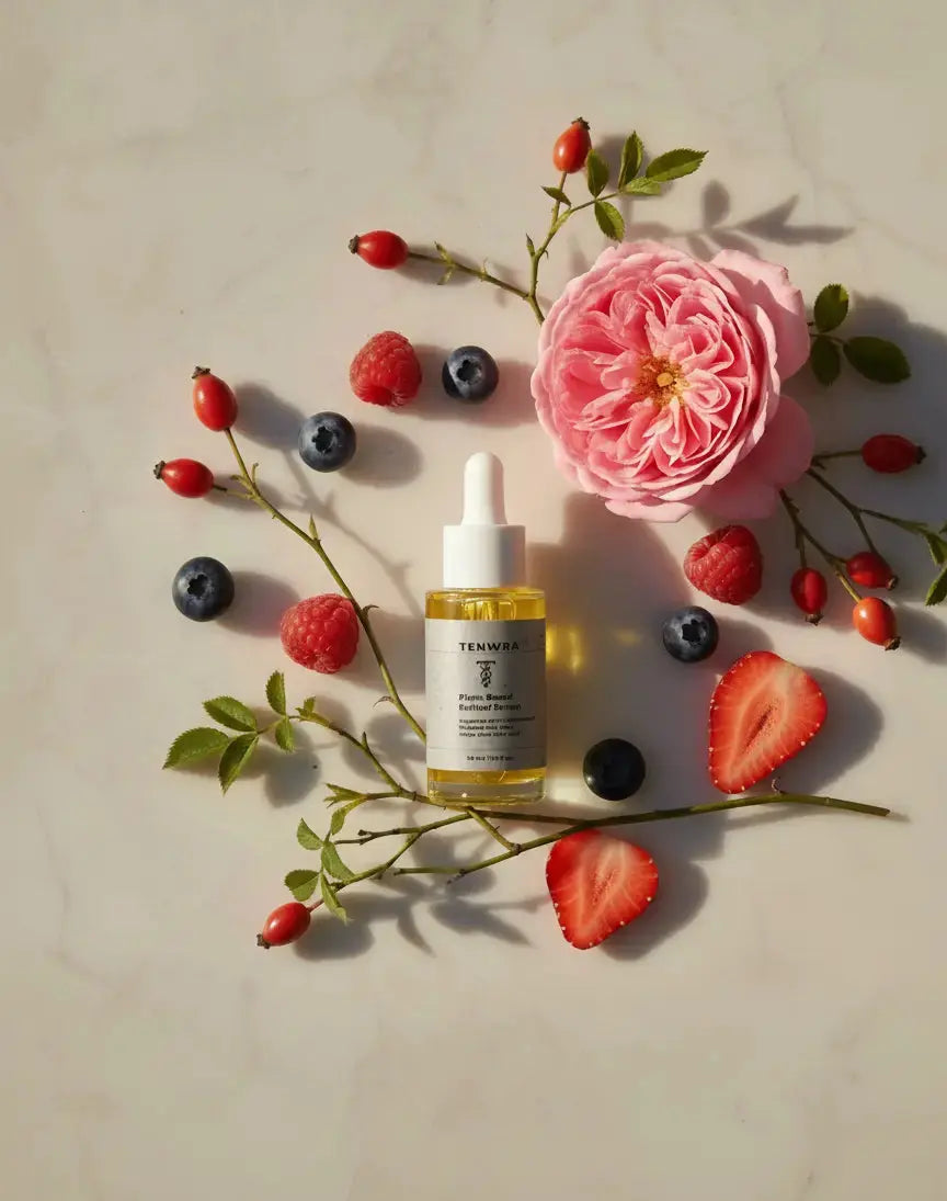 Skincare serum bottle surrounded by flowers and berries on a light background