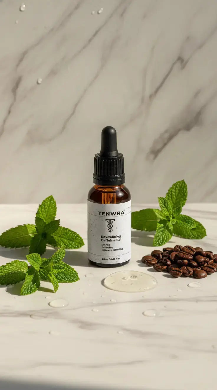 Bottle of Tenwa skincare serum with mint leaves and coffee beans on a marble surface