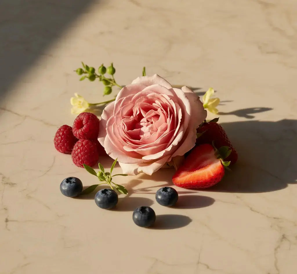 Pink rose with strawberries, raspberries, and blueberries on a textured beige surface