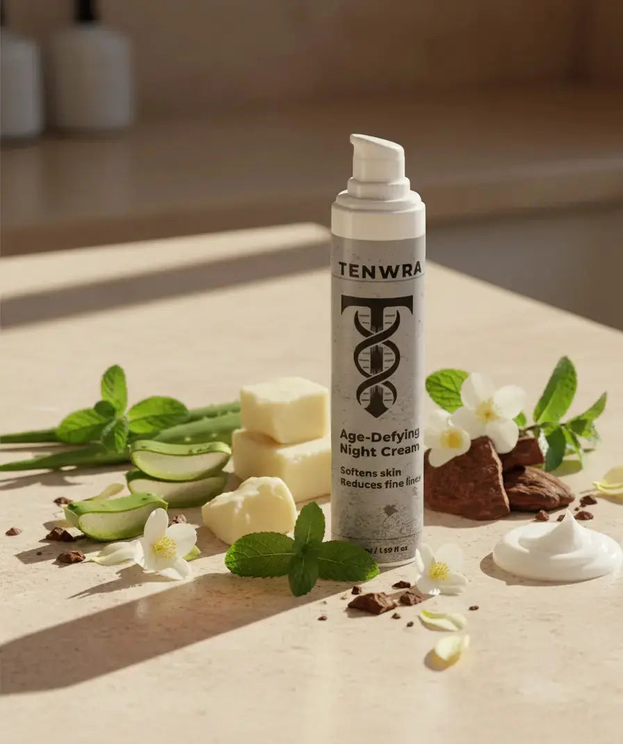 Tenwra age-defying night cream bottle on a light surface with natural elements