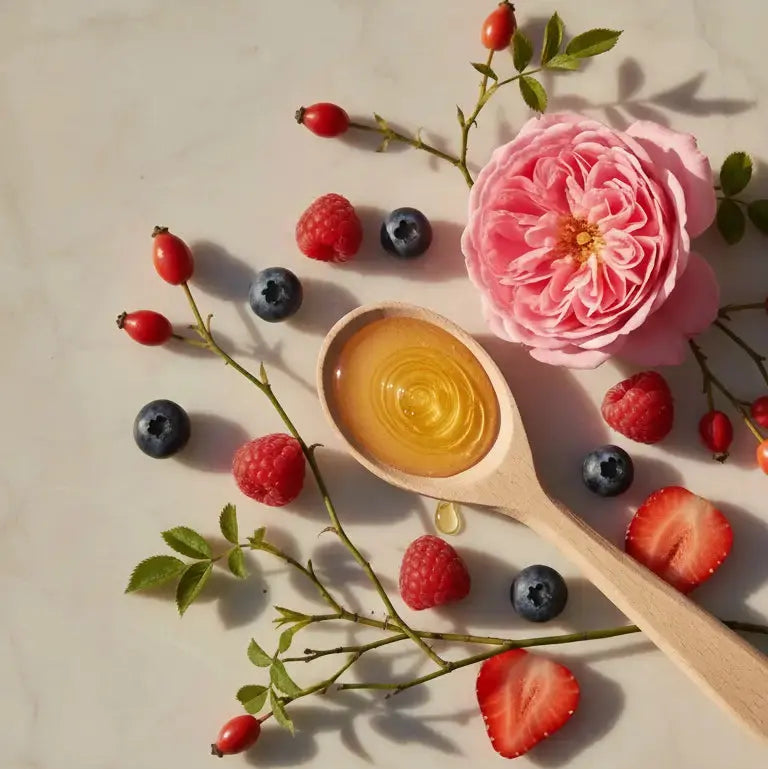 Wooden spoon with honey surrounded by berries and flowers on a beige background