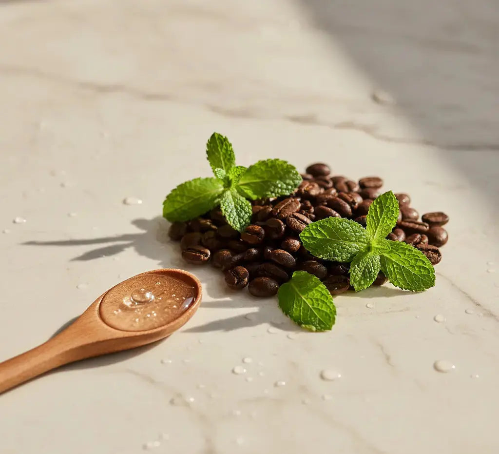 Coffee beans with mint leaves and a wooden spoon on a light surface