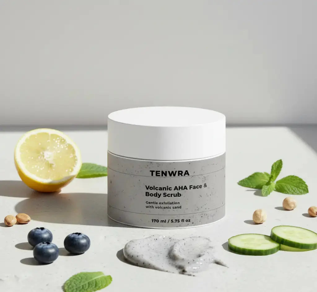 TENWRA volcanic AHA face and body scrub jar with lemon, blueberries, and cucumber on a light background