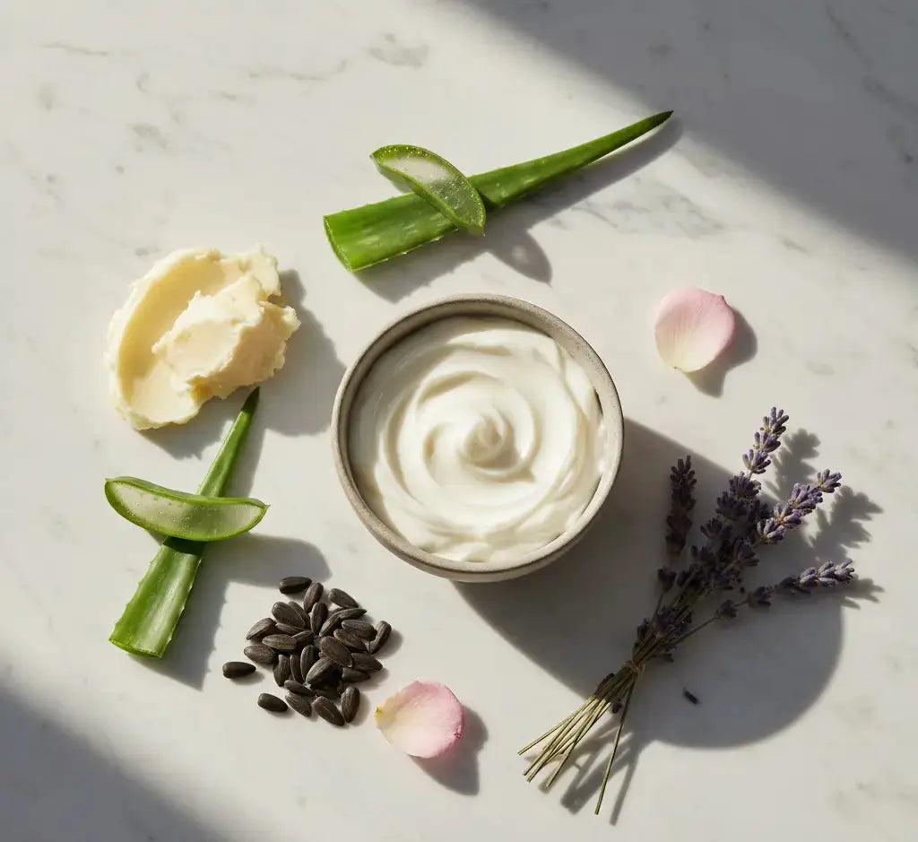 Cream in a bowl with aloe vera leaves, sunflower seeds, and lavender on a marble surface